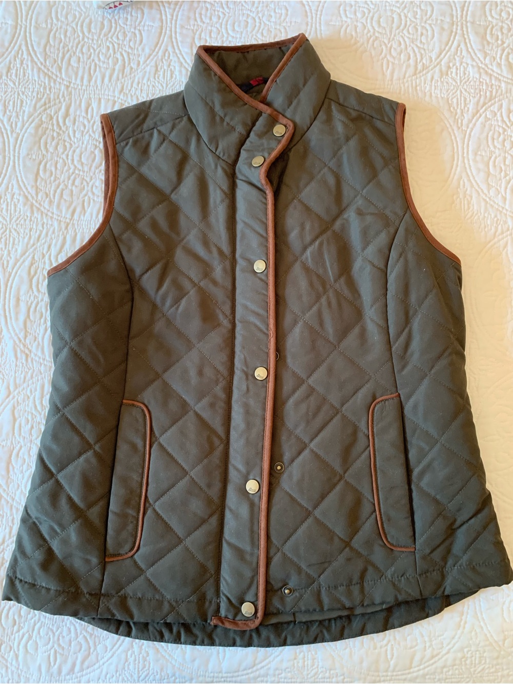 G.H. Bass & Co. Quilted Olive Vest with Brown Trim, Snap Buttons